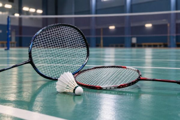 Badminton kortunda raketler ve top