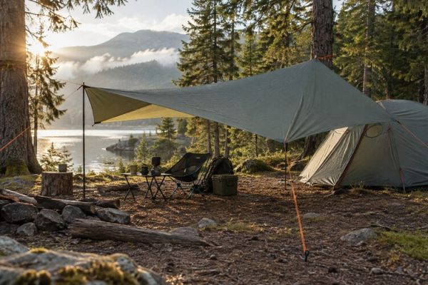 Orman kampında kurulmuş tarp barınak