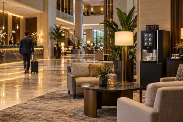 Otel lobisindeki kahve otomatı ve oturma alanı