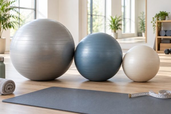 Farklı çaplarda pilates topları ve ölçüm şeridi