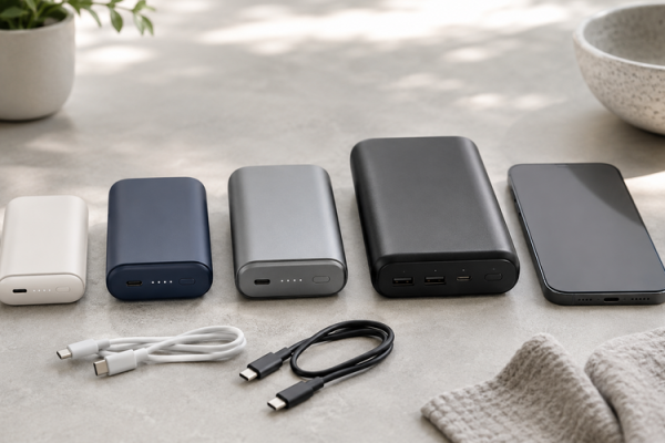 Farklı boylarda markasız powerbank ve USB-C kabloları