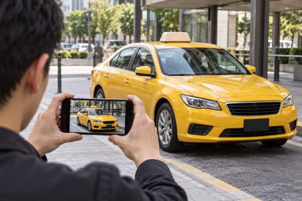 Sarı taksinin fotoğrafını telefonuyla çeken kişi