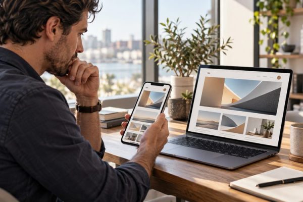 İşletme sahibi laptop ve telefonda web sitesi referanslarını inceliyor