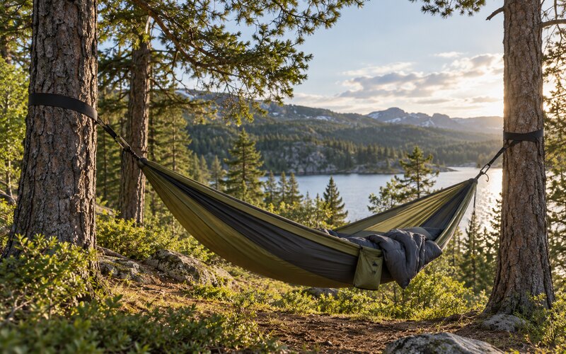 Koruyucu kayışlarla ağaçlara kurulmuş kamp hamağı