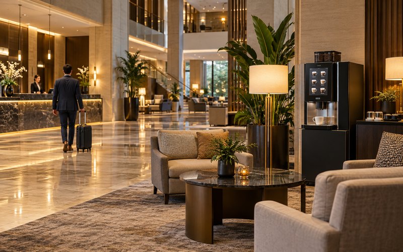 Otel lobisindeki kahve otomatı ve oturma alanı