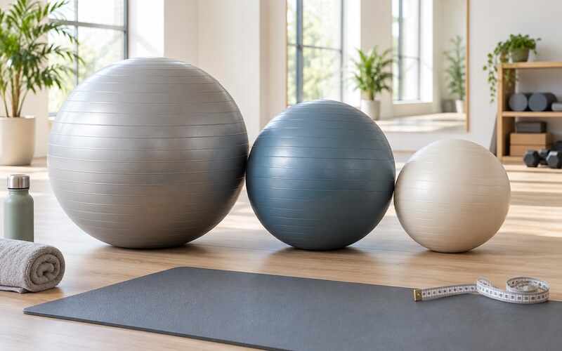 Farklı çaplarda pilates topları ve ölçüm şeridi