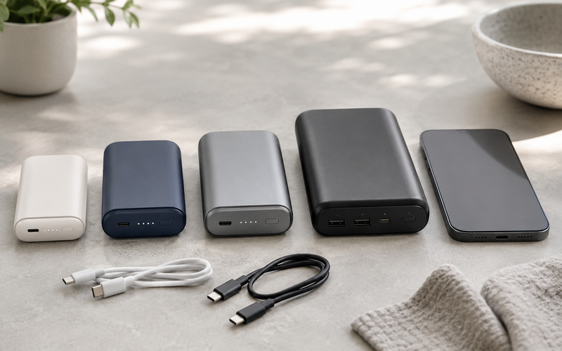 Farklı boylarda markasız powerbank ve USB-C kabloları