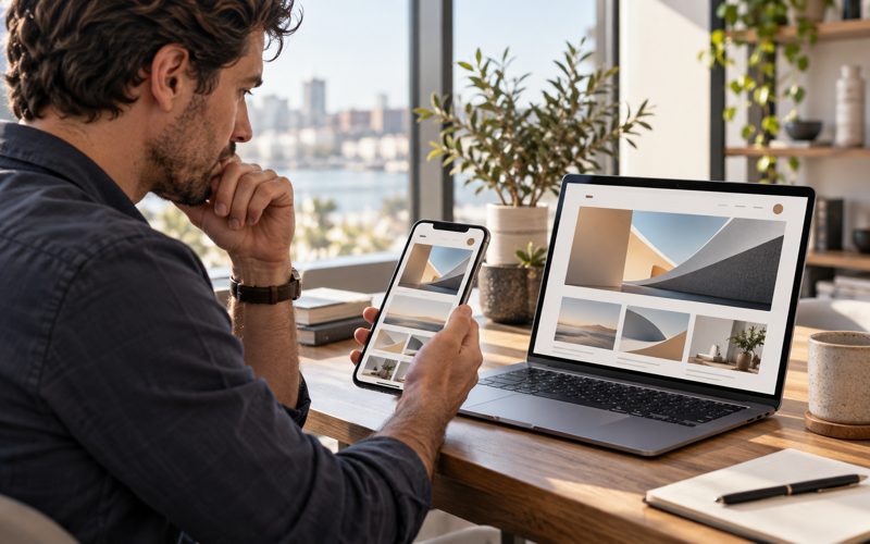 İşletme sahibi laptop ve telefonda web sitesi referanslarını inceliyor